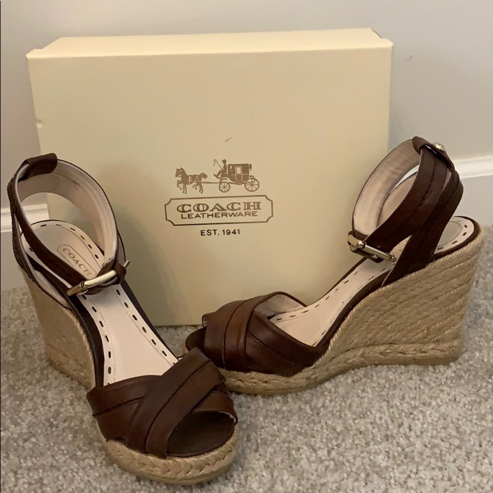 Coach brown leather and hemp wedge